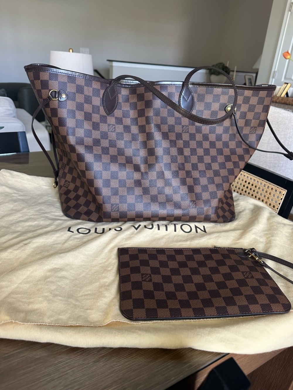 Louis Vuitton Damier Ebene Neverfull Tote in Brown Checkered Canvas